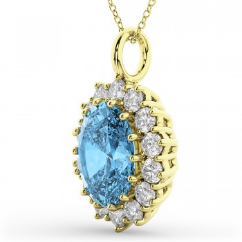 Oval Blue Topaz & Diamond Halo Pendant Necklace 14k Yellow Gold (6.40ct)