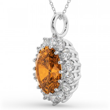 Oval Citrine & Diamond Halo Pendant Necklace 14k White Gold (6.40ct)