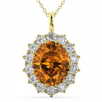 Oval Citrine & Diamond Halo Pendant Necklace 14k Yellow Gold (6.40ct)