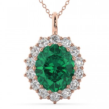 Oval Emerald & Diamond Halo Pendant Necklace 14k Rose Gold (6.40ct)