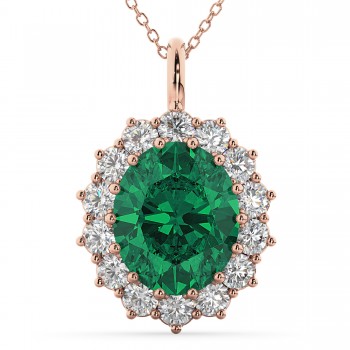 Oval Emerald & Diamond Halo Pendant Necklace 14k Rose Gold (6.40ct)