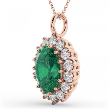 Oval Emerald & Diamond Halo Pendant Necklace 14k Rose Gold (6.40ct)