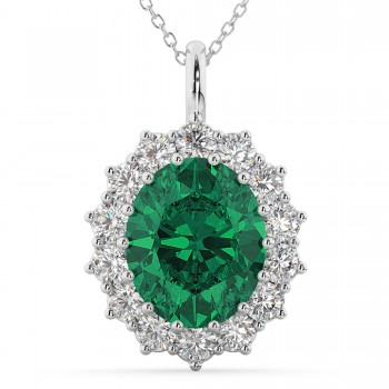 Oval Emerald & Diamond Halo Pendant Necklace 14k White Gold (6.40ct)