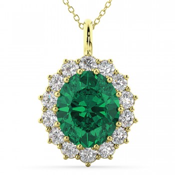 Oval Emerald & Diamond Halo Pendant Necklace 14k Yellow Gold (6.40ct)