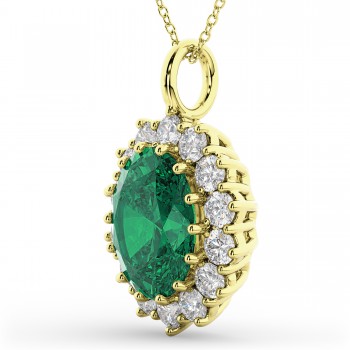 Oval Emerald & Diamond Halo Pendant Necklace 14k Yellow Gold (6.40ct)