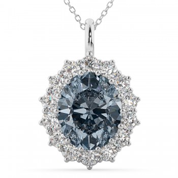 Oval Gray Spinel & Diamond Halo Pendant Necklace 14k White Gold (6.40ct)