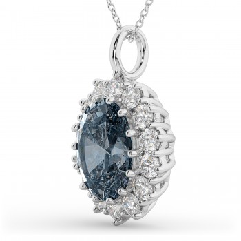 Oval Gray Spinel & Diamond Halo Pendant Necklace 14k White Gold (6.40ct)