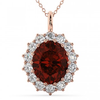 Oval Garnet & Diamond Halo Pendant Necklace 14k Rose Gold (6.40ct)