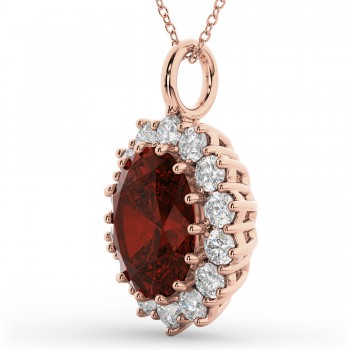 Oval Garnet & Diamond Halo Pendant Necklace 14k Rose Gold (6.40ct)