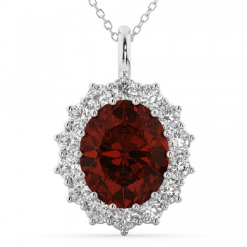 Oval Garnet & Diamond Halo Pendant Necklace 14k White Gold (6.40ct)