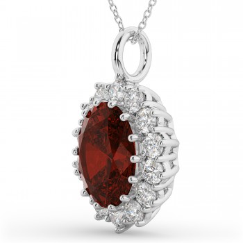 Oval Garnet & Diamond Halo Pendant Necklace 14k White Gold (6.40ct)