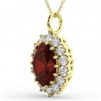 Oval Garnet & Diamond Halo Pendant Necklace 14k Yellow Gold (6.40ct)