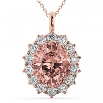 Oval Morganite & Diamond Halo Pendant Necklace 14k Rose Gold (6.40ct)