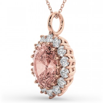 Oval Morganite & Diamond Halo Pendant Necklace 14k Rose Gold (6.40ct)