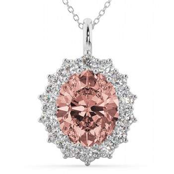 Oval Morganite & Diamond Halo Pendant Necklace 14k White Gold (6.40ct)