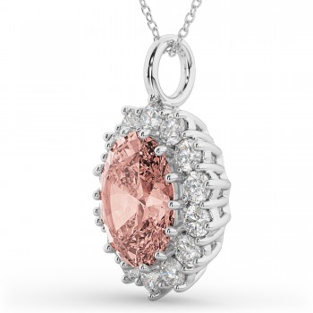 Oval Morganite & Diamond Halo Pendant Necklace 14k White Gold (6.40ct)