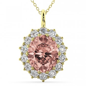 Oval Morganite & Diamond Halo Pendant Necklace 14k Yellow Gold (6.40ct)