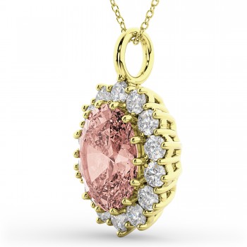 Oval Morganite & Diamond Halo Pendant Necklace 14k Yellow Gold (6.40ct)