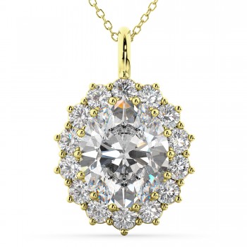 Oval Moissanite & Diamond Halo Pendant Necklace 14k Yellow Gold (6.40ct)