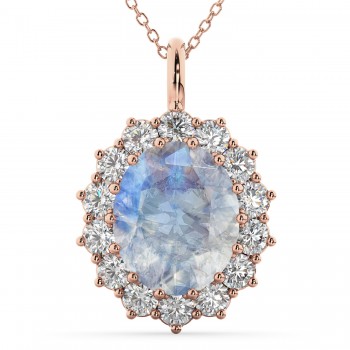 Oval Moonstone & Diamond Halo Pendant Necklace 14k Rose Gold (6.40ct)