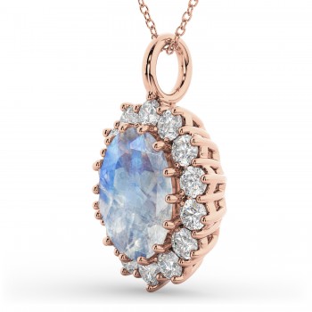 Oval Moonstone & Diamond Halo Pendant Necklace 14k Rose Gold (6.40ct)