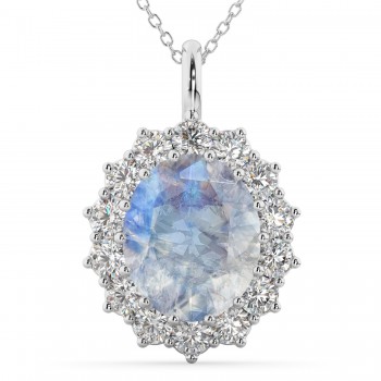 Oval Moonstone & Diamond Halo Pendant Necklace 14k White Gold (6.40ct)