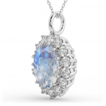 Oval Moonstone & Diamond Halo Pendant Necklace 14k White Gold (6.40ct)