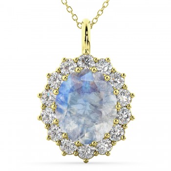 Oval Moonstone & Diamond Halo Pendant Necklace 14k Yellow Gold (6.40ct)