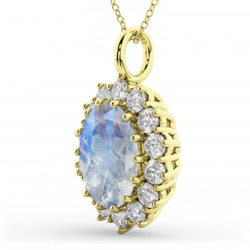 Oval Moonstone & Diamond Halo Pendant Necklace 14k Yellow Gold (6.40ct)