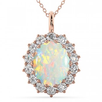 Oval Opal & Diamond Halo Pendant Necklace 14k Rose Gold (6.40ct)