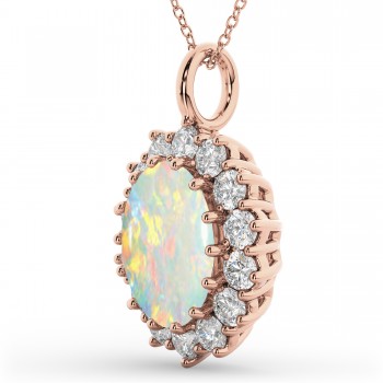 Oval Opal & Diamond Halo Pendant Necklace 14k Rose Gold (6.40ct)