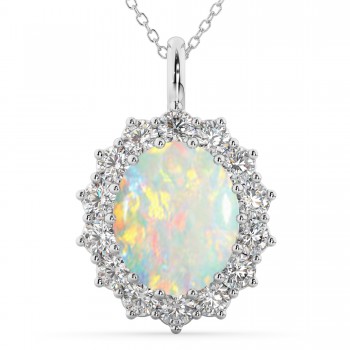 Oval Opal & Diamond Halo Pendant Necklace 14k White Gold (6.40ct)