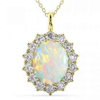 Oval Opal & Diamond Halo Pendant Necklace 14k Yellow Gold (6.40ct)