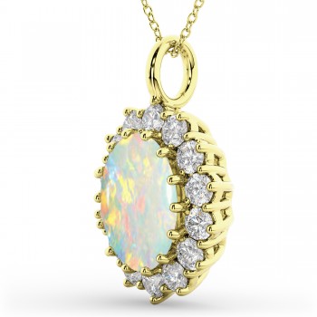 Oval Opal & Diamond Halo Pendant Necklace 14k Yellow Gold (6.40ct)