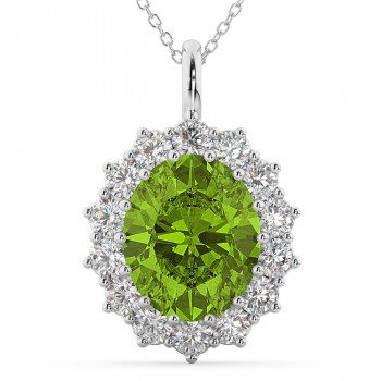 Oval Peridot & Diamond Halo Pendant Necklace 14k White Gold (6.40ct)