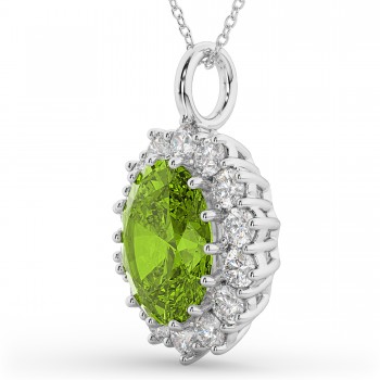 Oval Peridot & Diamond Halo Pendant Necklace 14k White Gold (6.40ct)