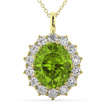 Oval Peridot & Diamond Halo Pendant Necklace 14k Yellow Gold (6.40ct)