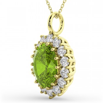 Oval Peridot & Diamond Halo Pendant Necklace 14k Yellow Gold (6.40ct)