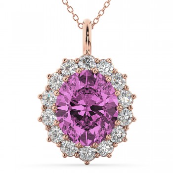 Oval Pink Sapphire & Diamond Halo Pendant Necklace 14k Rose Gold (6.40ct)