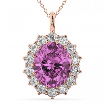 Oval Pink Sapphire & Diamond Halo Pendant Necklace 14k Rose Gold (6.40ct)