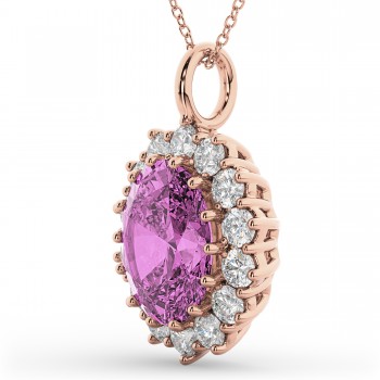 Oval Pink Sapphire & Diamond Halo Pendant Necklace 14k Rose Gold (6.40ct)