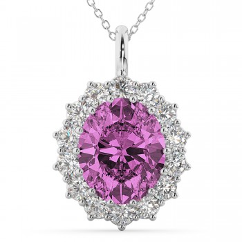 Oval Pink Sapphire & Diamond Halo Pendant Necklace 14k White Gold (6.40ct)