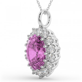 Oval Pink Sapphire & Diamond Halo Pendant Necklace 14k White Gold (6.40ct)