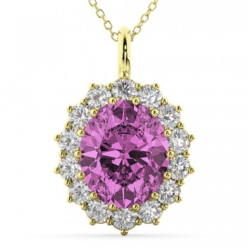 Oval Pink Sapphire & Diamond Halo Pendant Necklace 14k Yellow Gold (6.40ct)