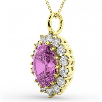 Oval Pink Sapphire & Diamond Halo Pendant Necklace 14k Yellow Gold (6.40ct)