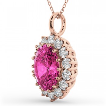 Oval Pink Tourmaline & Diamond Halo Pendant Necklace 14k Rose Gold (6.40ct)