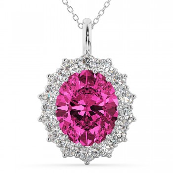 Oval Pink Tourmaline & Diamond Halo Pendant Necklace 14k White Gold (6.40ct)