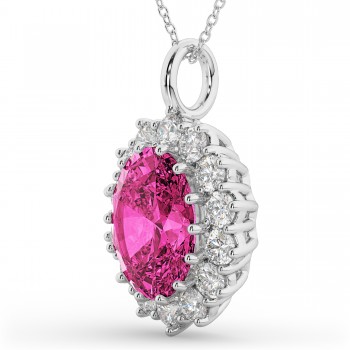 Oval Pink Tourmaline & Diamond Halo Pendant Necklace 14k White Gold (6.40ct)