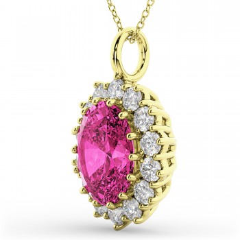 Oval Pink Tourmaline & Diamond Halo Pendant Necklace 14k Yellow Gold (6.40ct)