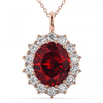 Oval Ruby & Diamond Halo Pendant Necklace 14k Rose Gold (6.40ct)